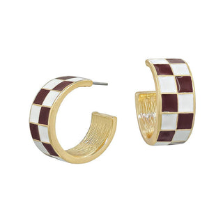 Maroon and White Checkered and Gold .75" Hoop Earring