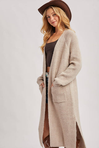 LONGLINE OPEN FRONT SIDE SLIT CARDIGAN: OATMEAL