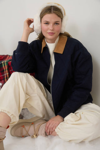 CORDUROY COLLAR QUILTED ZIP-UP JACKET : NAVY