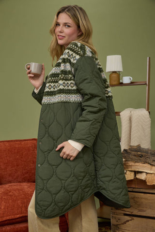 SHERPA DETAIL QUILTED LONG PUFFER COAT : OLIVE