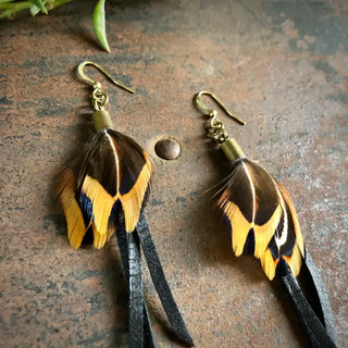 Leather + Feather Dangle Earrings- Black