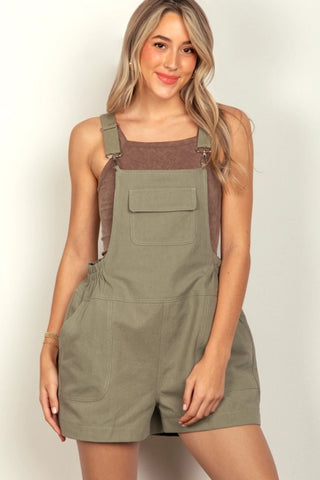 Suspender Solid Woven Casual Overall Romper - Olive