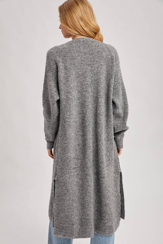 LONGLINE OPEN FRONT SIDE SLIT CARDIGAN: CHARCOAL