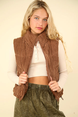 Zig-Zag Padded Corduroy Puffer Jacket - Brown