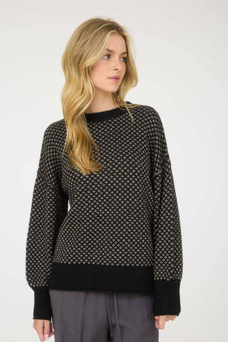 MINI JACQUARD CREW NECK LONG SLEEVE KNIT SWEATER : BLACK