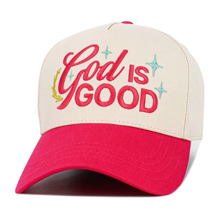 GOD IS GOOD Message Embroidered Baseball Cap: Beige,Red