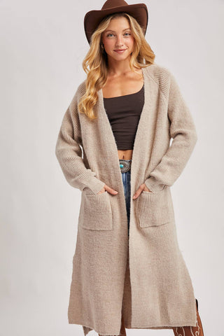LONGLINE OPEN FRONT SIDE SLIT CARDIGAN: OATMEAL