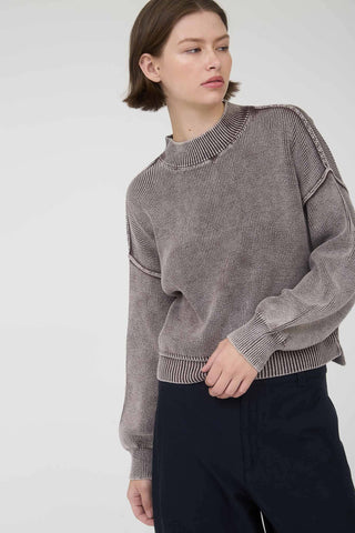 WASHED MOCK NECK LONG SLEEVE KNIT PULLOVER SWEATER: PLUM