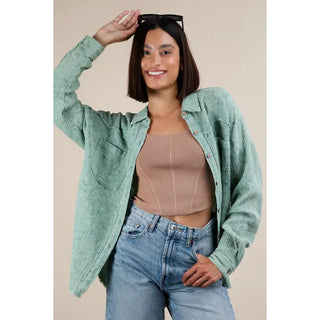 Mineral Washed Gauze Button Down Shirt Top - Sage