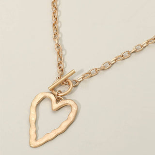 Hammered Metal Open Heart Toggle Pendant Necklace: Worn Gold