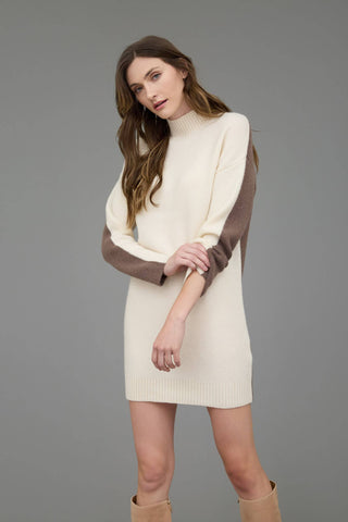COLORBLOCK MOCK NECK LONG SLEEVE SWEATER DRESS: IVORY