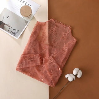 Sheer Lace Long Sleeve Top - Caramel