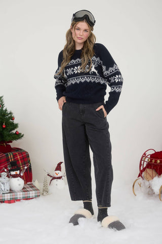 SNOWFLAKE DEER CABLE KNIT PULLOVER SWEATER: NAVY