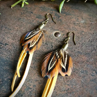 Leather + Feather Dangle Earrings- Gold