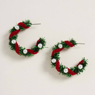 Pearl Accent Holiday Tinsel Hoop Earrings