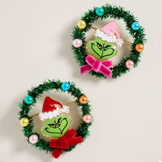 Holiday Grinch Green Monster Wreath Pin Brooch: Pink