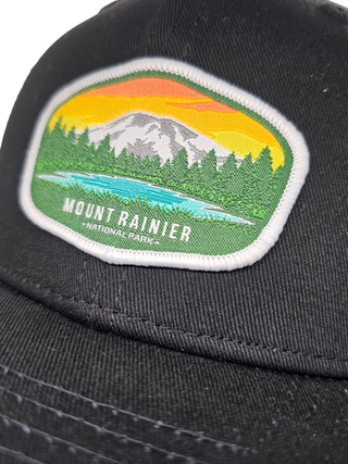 Mount Rainier National Park Snapback Trucker Hat w/ Patch: Black on Black Mesh