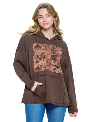 Hoodie Patchwork Art Mushroom Loose Fit: Brown  M/L