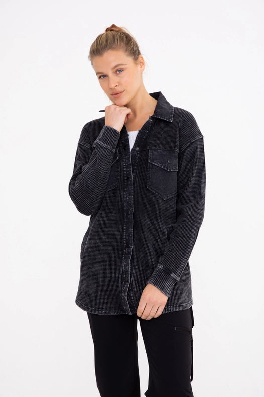 Waffle Knit Mineral-Washed Button Down Jacket