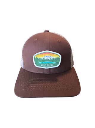Mount Rainier National Park Snapback Trucker Hat w/ Patch: Black on Black Mesh