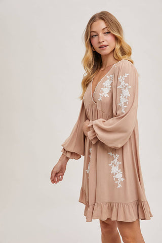 EMBROIDERED V-NECK RUFFLED DRESS: COCO