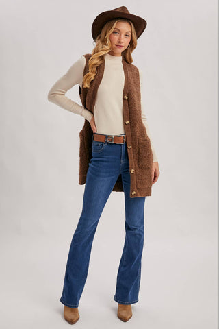BUTTON DOWN V-NECK TEDDY KNIT LONG LINED VEST: DK.BROWN