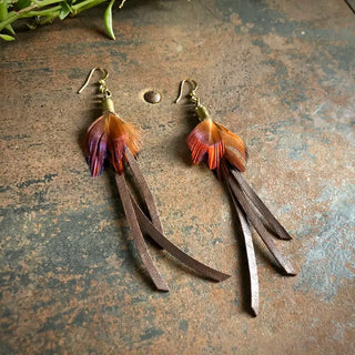 Leather + Feather Dangle Earrings- Chocolate