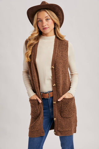 BUTTON DOWN V-NECK TEDDY KNIT LONG LINED VEST: DK.BROWN