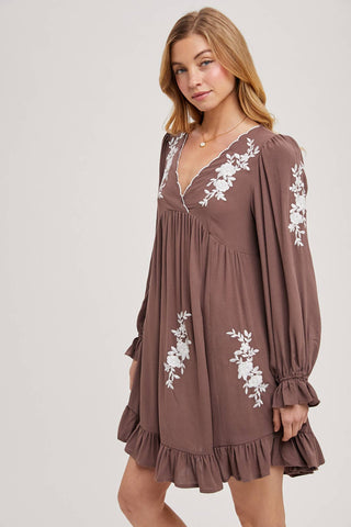 EMBROIDERED V-NECK RUFFLED DRESS: COCO