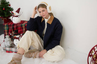 CORDUROY COLLAR QUILTED ZIP-UP JACKET : NAVY