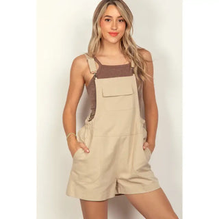 Suspender Solid Woven Casual Overall Romper - Beige