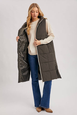 QUILTED LONGLINE PUFFER VEST: ASH