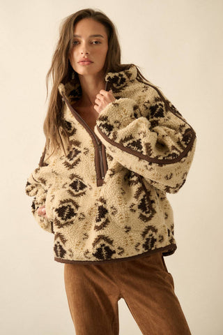 Geo-Print Sherpa Fleece Half-Zip Pullover Jacket