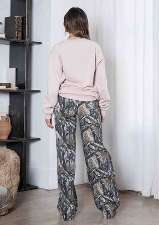 High-Rise Camo Print Wide Leg Jeans: Dark Wood
