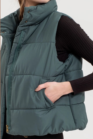 Solid Zip Up Puffer Vest- Hunter Green