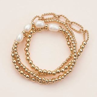 Gold Beaded Stretch Bracelet Set – Dainty Layered Bracelets with Freshwater Pearls & Chain Accent