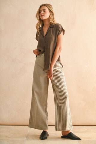 STRIPE FABRIC MIXED PANTS: Brown