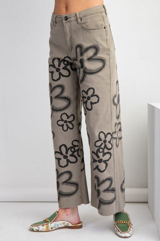 Flower Printed Washed Twill Wide Leg Pant