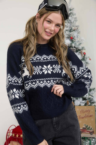 SNOWFLAKE DEER CABLE KNIT PULLOVER SWEATER: NAVY