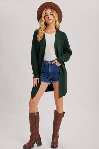 OPEN FRONT BATWING SLEEVE CARDIGAN: HUNTER GREEN