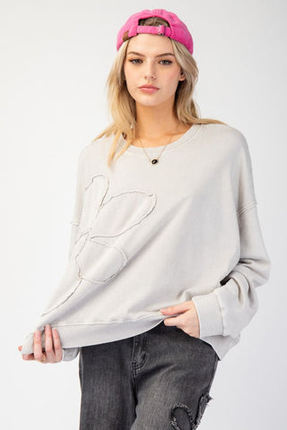 Flower Patch Washed Terry Knit Pullover - Stone Grey - Curvy