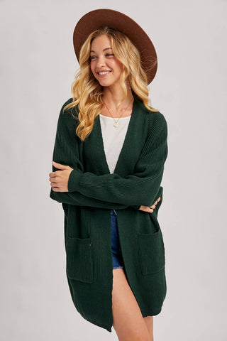 OPEN FRONT BATWING SLEEVE CARDIGAN: HUNTER GREEN