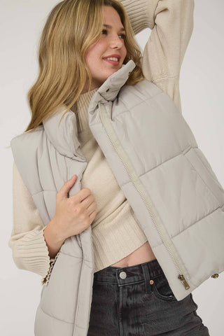 Solid Zip Up Puffer Vest: Cement