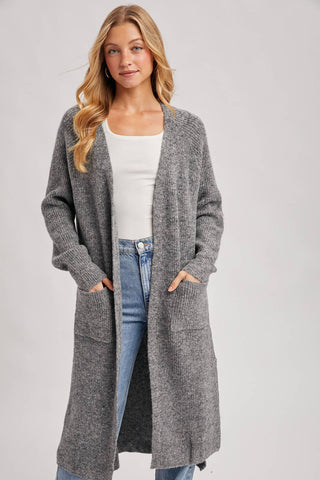LONGLINE OPEN FRONT SIDE SLIT CARDIGAN: CHARCOAL