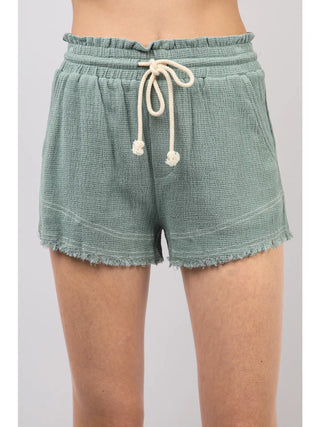 High Waist Trayed Hem Shorts- Sage