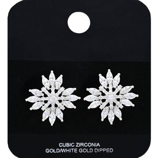 Gold Dipped Radiant CZ Stone Snowflake Stud Earrings: Rhodium