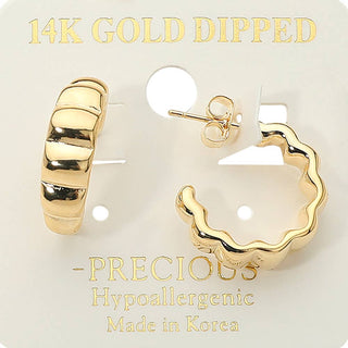 14K Gold Dipped Wavy Ribbed Hoop Earrings: Gold