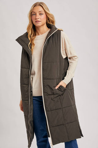 QUILTED LONGLINE PUFFER VEST: ASH