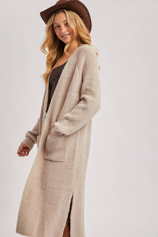 LONGLINE OPEN FRONT SIDE SLIT CARDIGAN: OATMEAL