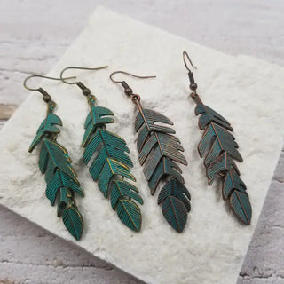 Boho Patina Turquoise Feather Drop Earrings